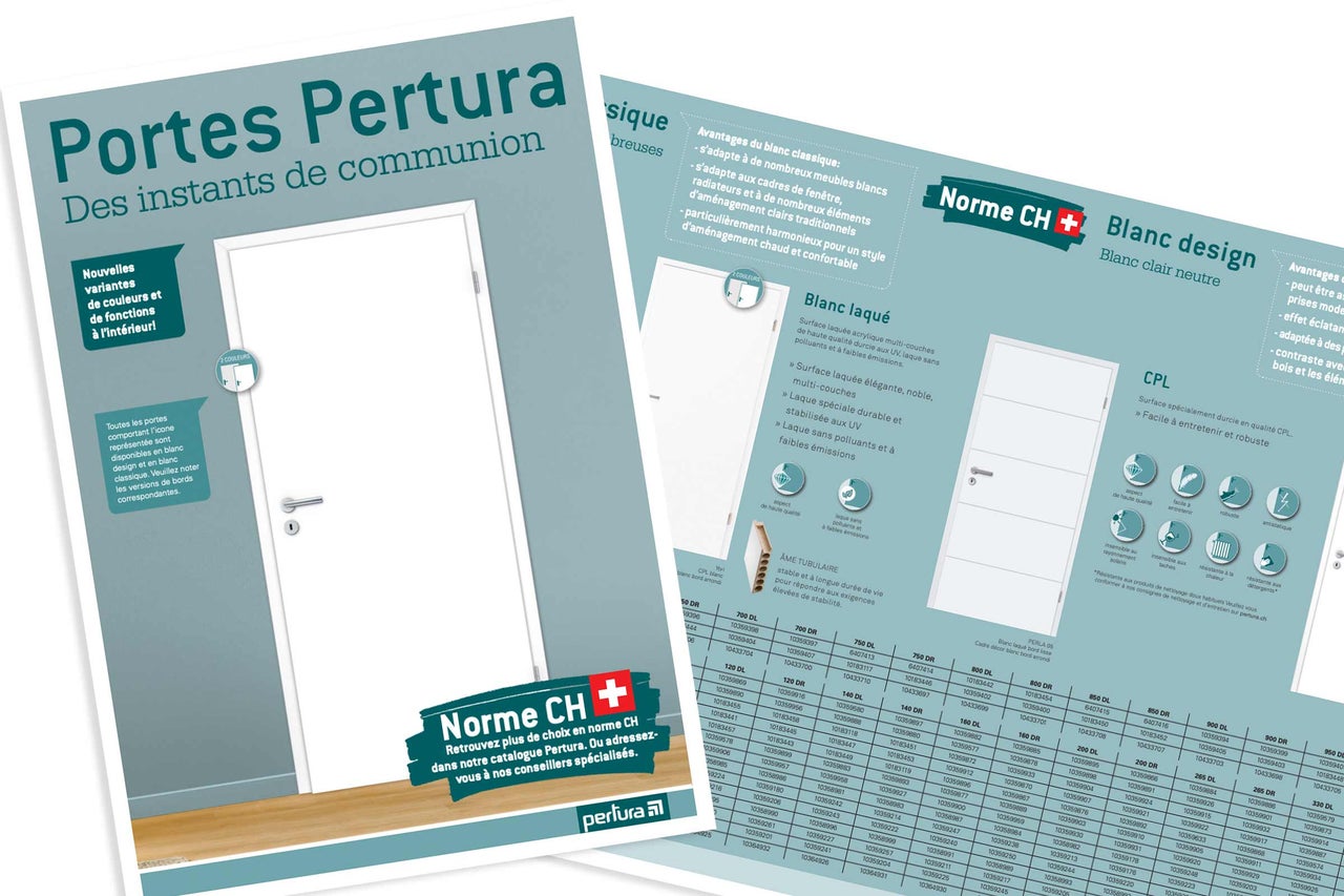 Brochure Pertura pour portes d'intérieur blanches avec détails sur les surfaces CPL et laquées, informations sur la norme suisse et tableau d'articles.