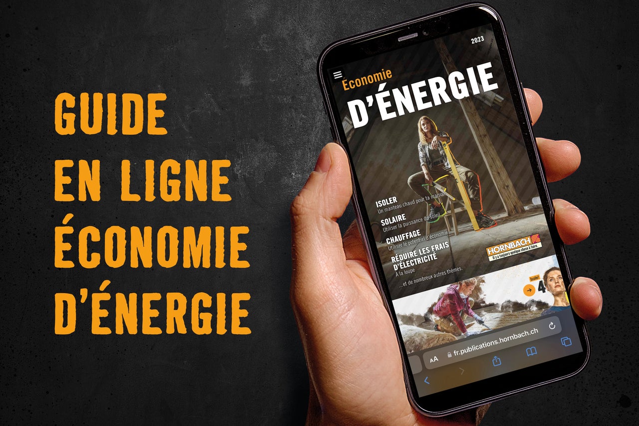 Un smartphone présentant le site web Hornbach sur le thème des économies d'énergie est tenu par une main. À l'arrière-plan, on peut lire : Guide en ligne Économies d'énergie.