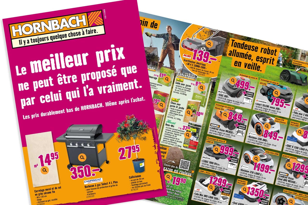 Prospectus publicitaire Hornbach présentant un barbecue à gaz, du carrelage en grès cérame, une plante en pot et divers robots tondeuses.