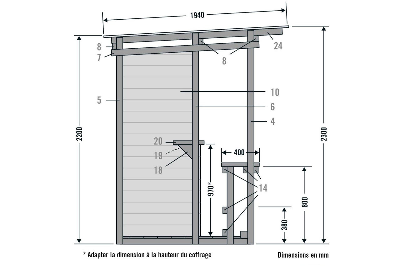 Dessin technique d'une cabane de jardin avec les dimensions