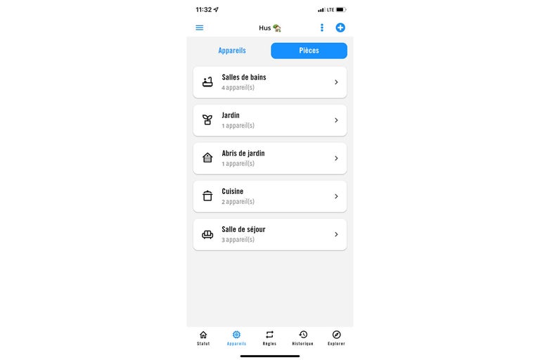 Vue smartphone de l'application appareils avec différentes pièces