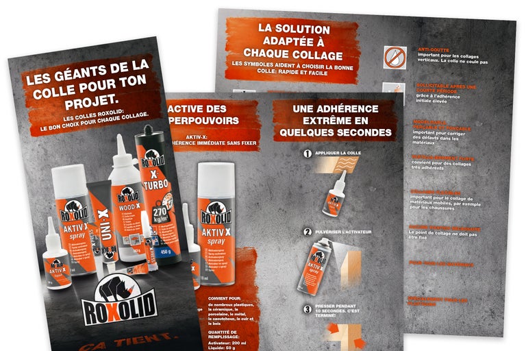 Assortiment de colles Roxolid avec des informations sur les domaines d'application et les propriétés