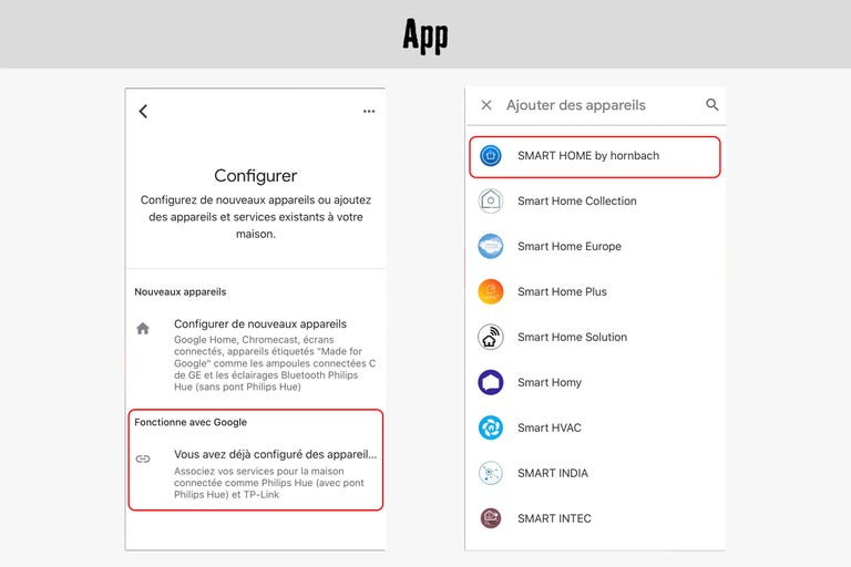 Captures d'écran de l'application pour configurer de nouveaux appareils et services pour Smart Home by Hornbach.