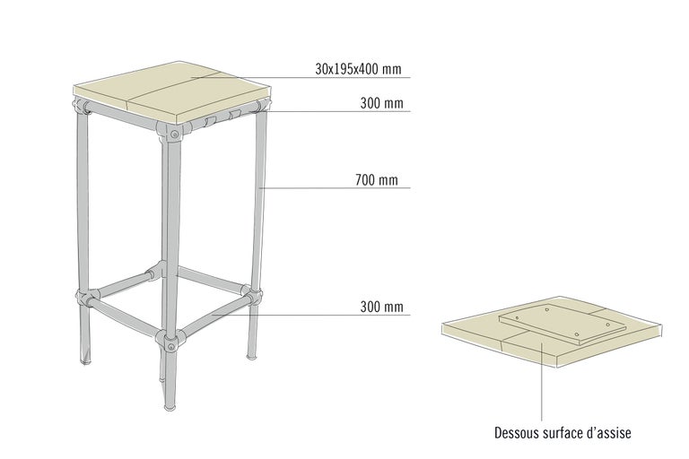 Image d'un tabouret avec des dimensions de 30x195x400 millimètres, 300 millimètres et 700 millimètres.