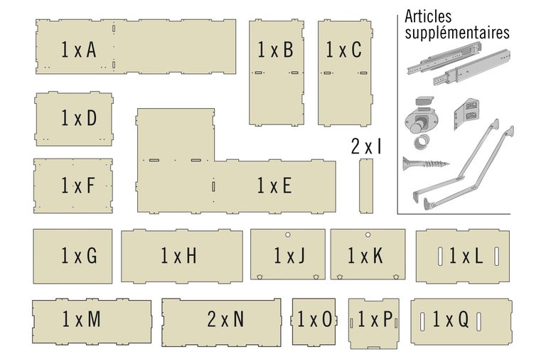 Pièces détachées et accessoires supplémentaires pour un meuble.