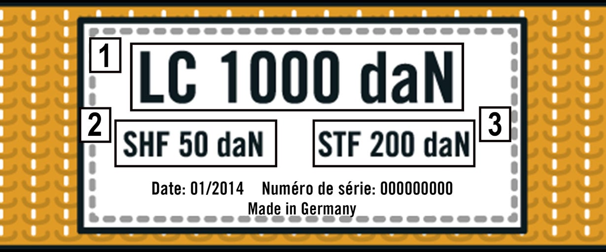 Étiquette avec informations sur LC 1000 daN, SHF 50 daN et STF 200 daN