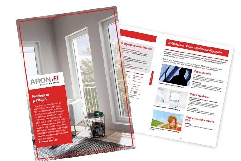 Brochure de fenêtres Aron présentant des informations sur les fenêtres en plastique et les packs de sécurité, de ventilation et d'insonorisation