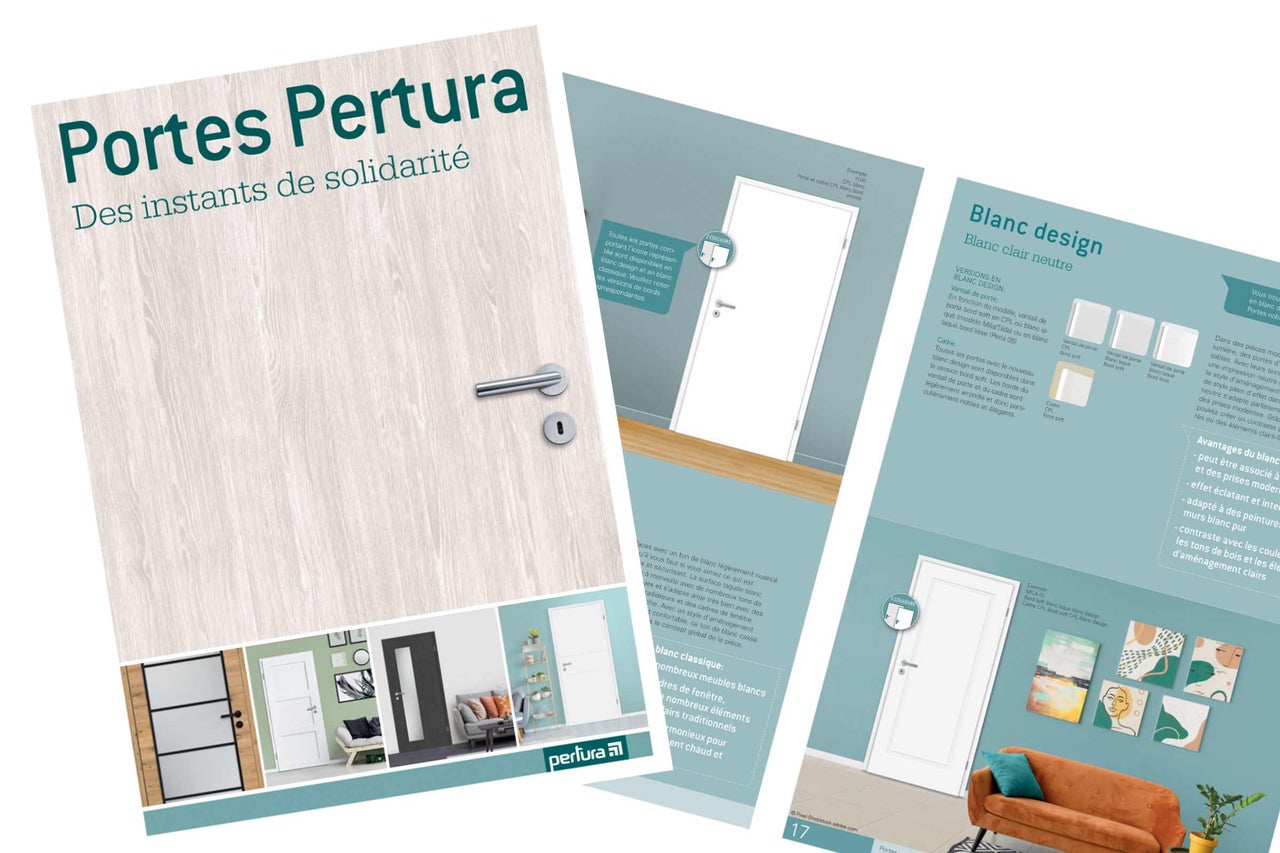 Brochure pour portes d intérieur Pertura avec différents modèles, designs de surfaces blancs et exemples de pièces modernes. Pertura Logo.