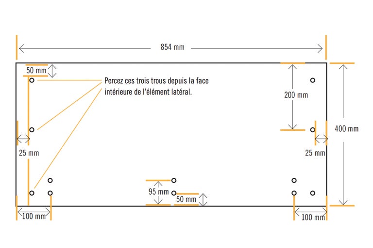 Image présentant les dimensions et les instructions pour percer des trous.