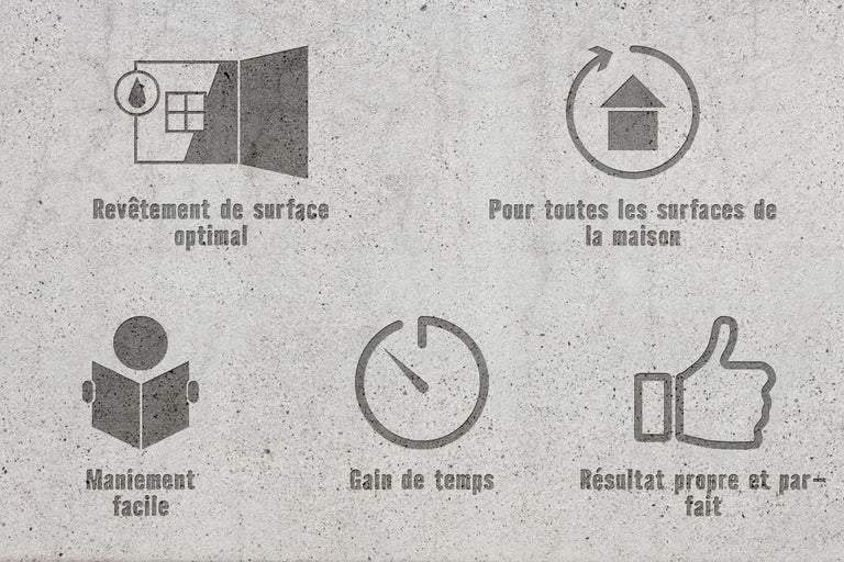Symboles pour la description du produit : Revêtement de surface optimal, pour toutes les surfaces de la maison, manipulation facile, gain de temps, résultat propre et parfait