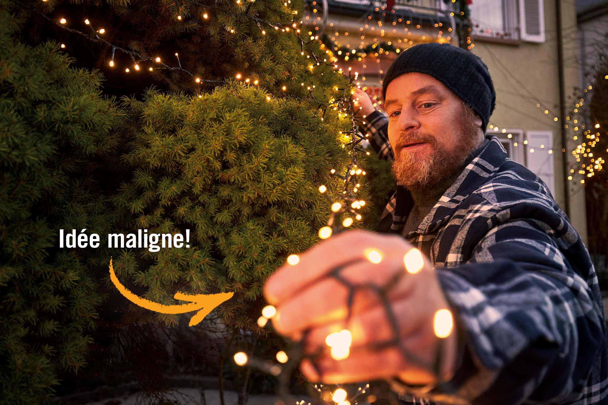 Un homme décore un arbre avec une guirlande lumineuse pour l'extérieur.
