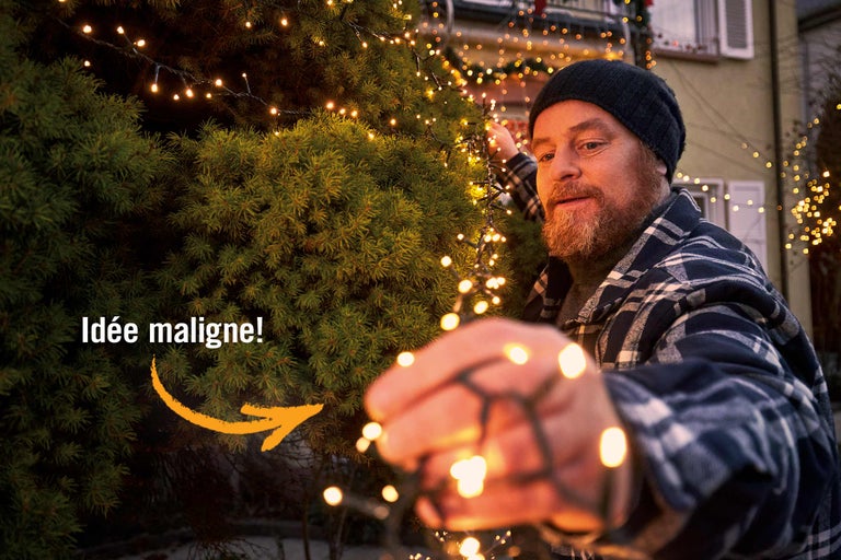 Un homme décore un arbre avec une guirlande lumineuse pour l'extérieur.