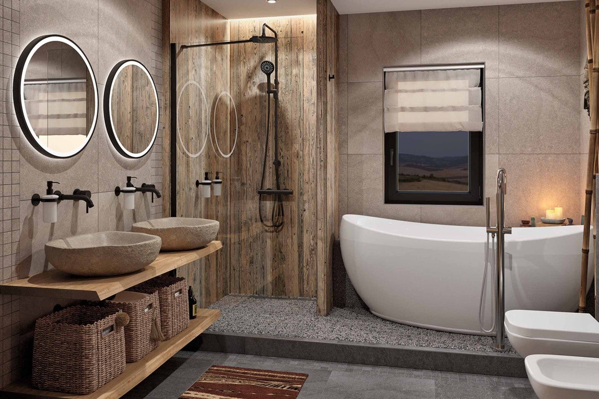 Badezimmer mit Waschtischen, Spiegeln, Dusche und Badewanne