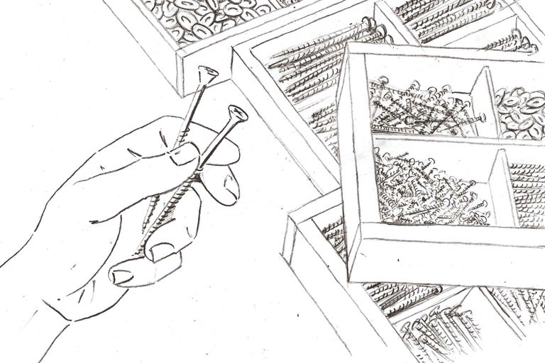 Illustration d'une main tenant des vis, avec des boîtes de tri remplies de vis en arrière-plan