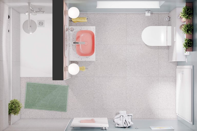 Vue de dessus d'une salle de bains lumineuse avec douche, lavabo, toilettes et décoration