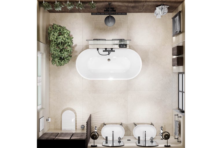 Modernes Badezimmer in der Draufsicht mit freistehender Badewanne, Doppelwaschtisch, Dusche und WC. Helle Fliesen und dunkle Holzakzente.