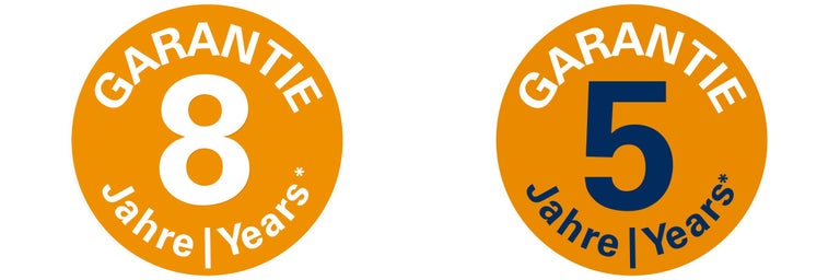 Symbol für acht Jahre Garantie und Symbol für fünf Jahre Garantie
