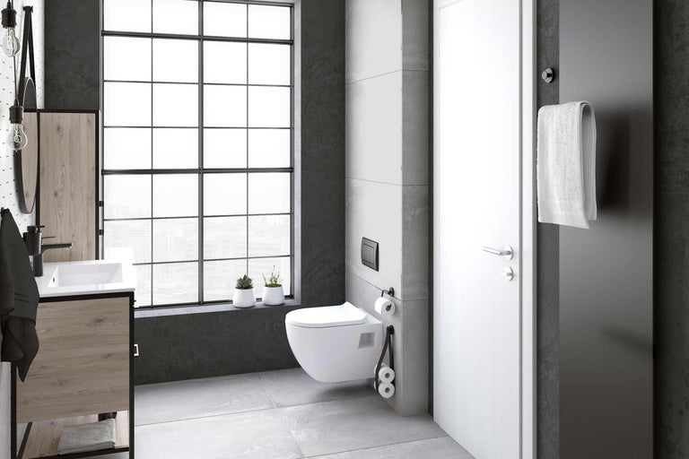 Salle de bains moderne avec lavabo, WC suspendu, fenêtre et radiateur
