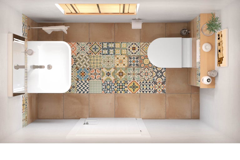 Badezimmer mit Dusche, Toilette, Waschbecken und Fliesen im Retro-Stil