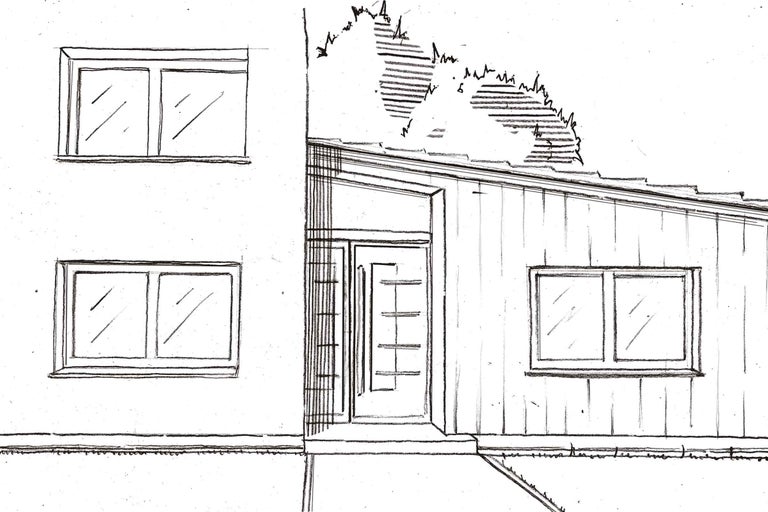 Croquis d'une maison à deux étages avec fenêtres et porte d'entrée