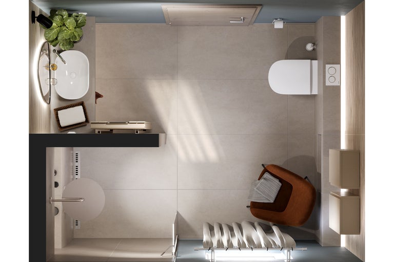 Vue de dessus d'une salle de bains moderne avec lavabo, toilettes, douche et siège