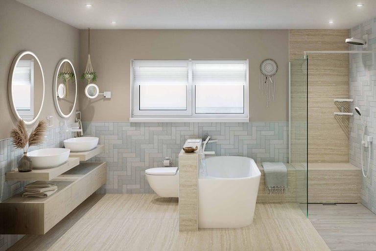 Salle de bain lumineuse avec double vasque, baignoire îlot et douche à l'italienne.