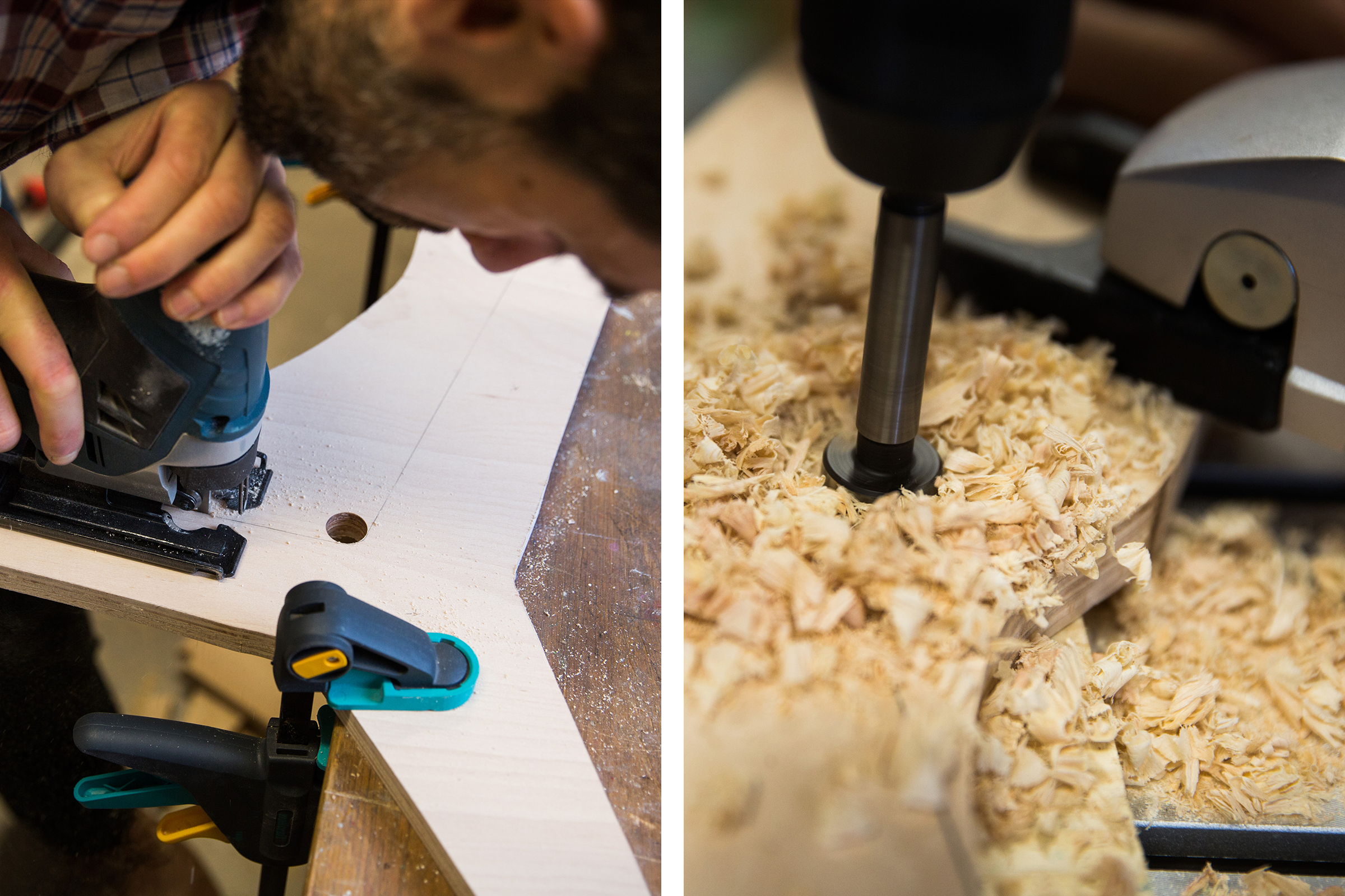 Travail du bois avec scie sauteuse et perceuse sur une pièce