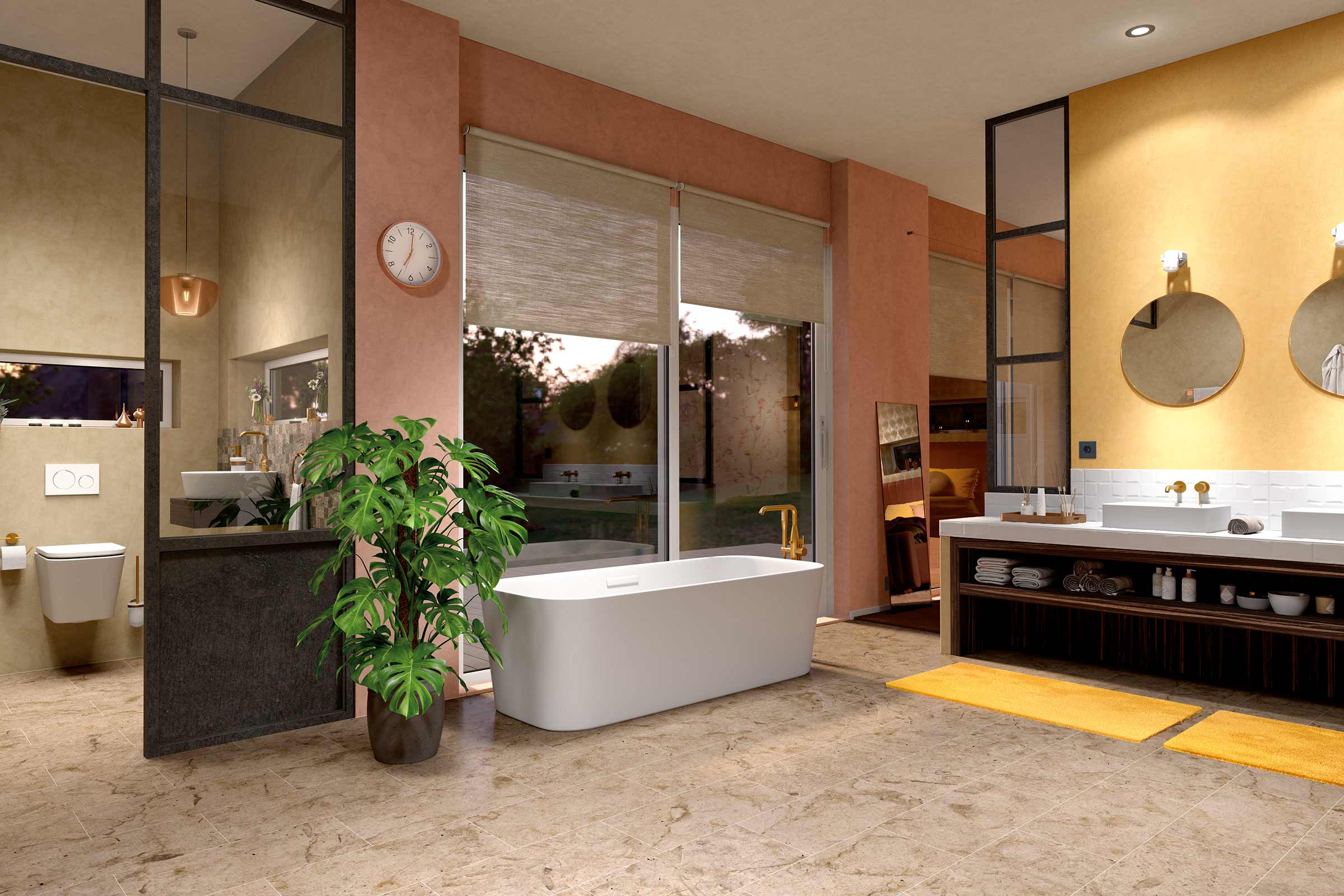 Salle de bain lumineuse avec baignoire, lavabo et plante d'intérieur