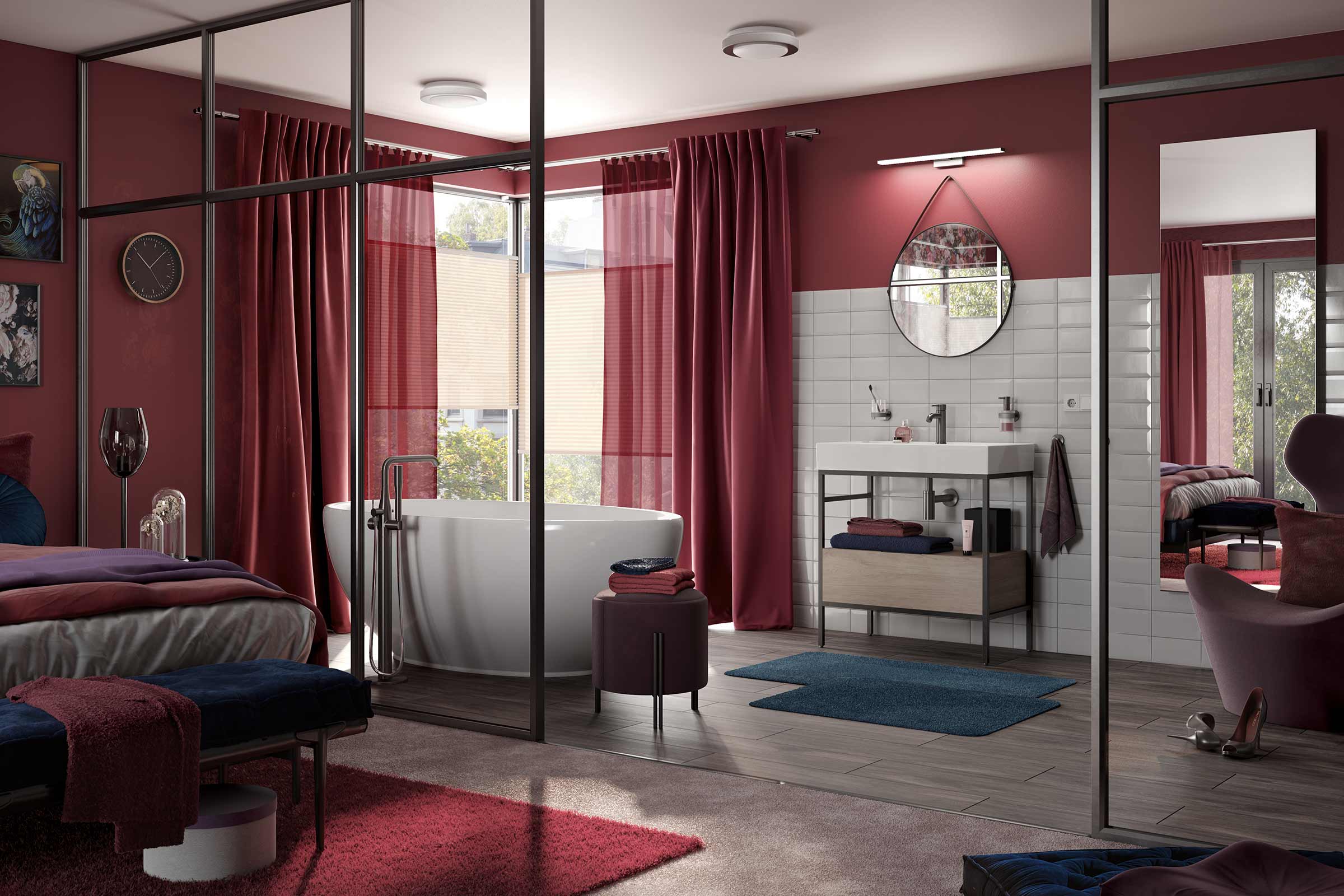 Chambre moderne avec baignoire îlot, lavabo et miroir