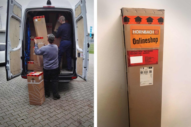 Einlieferung von Hornbach Online Shop Bestellungen in ein Lieferfahrzeug. Karton mit Hornbach Onlineshop Aufkleber.