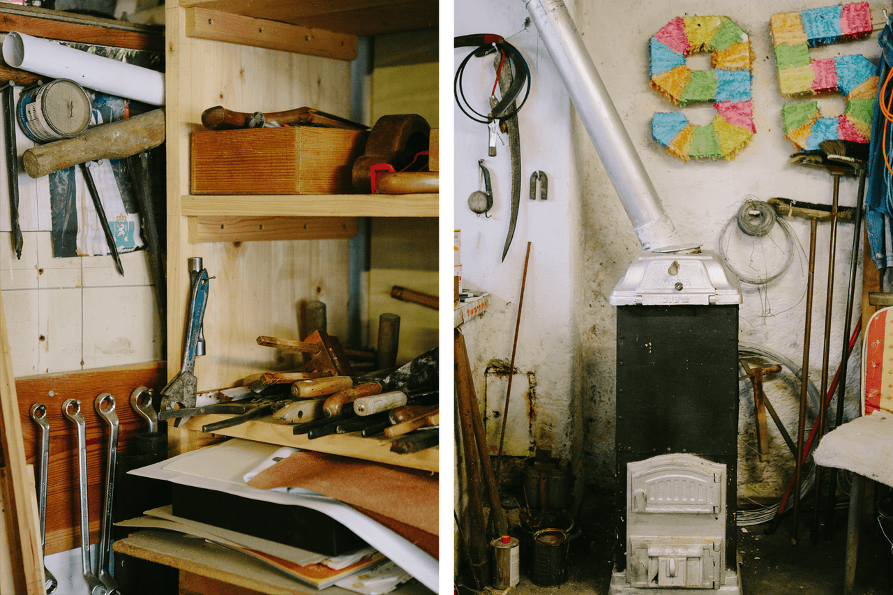 Atelier avec outils, étagères et un poêle