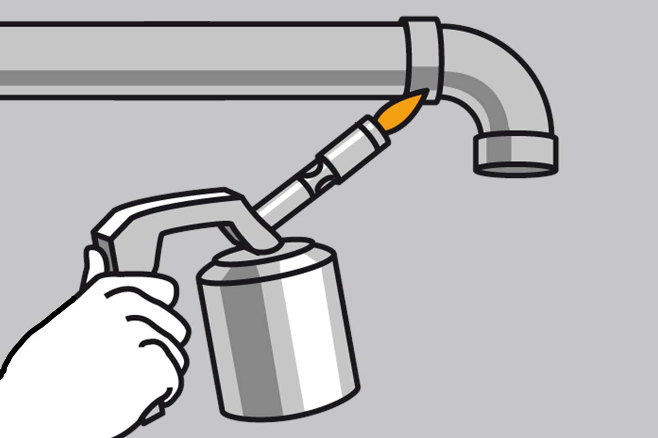 Illustration einer Hand, die ein Rohr mit einem Schweißbrenner lötet.
