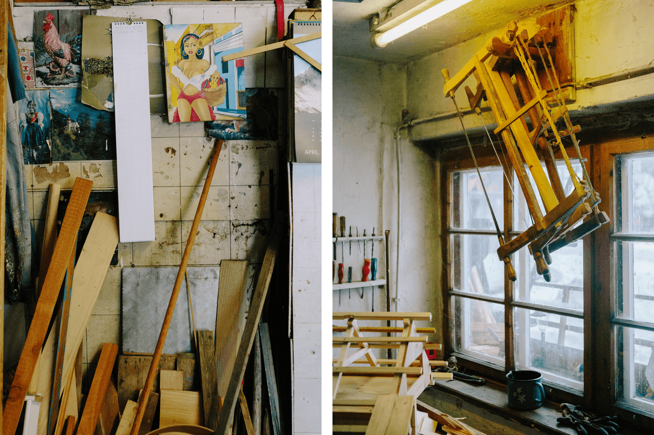 Atelier avec matériaux en bois, outils et décorations