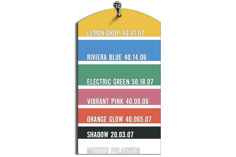 Nuancier présentant des teintes telles que Lemon Drop, Riviera Blue, Electric Green, Vibrant Pink, Orange Glow, Shadow et Meister Polarweiss