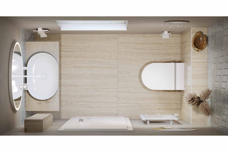 Salle de bains avec lavabo, toilettes et douche en vue plongeante