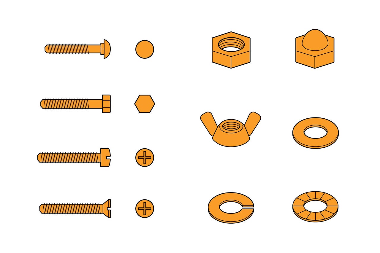 Sortiment verschiedener Schrauben, Muttern und Unterlegscheiben