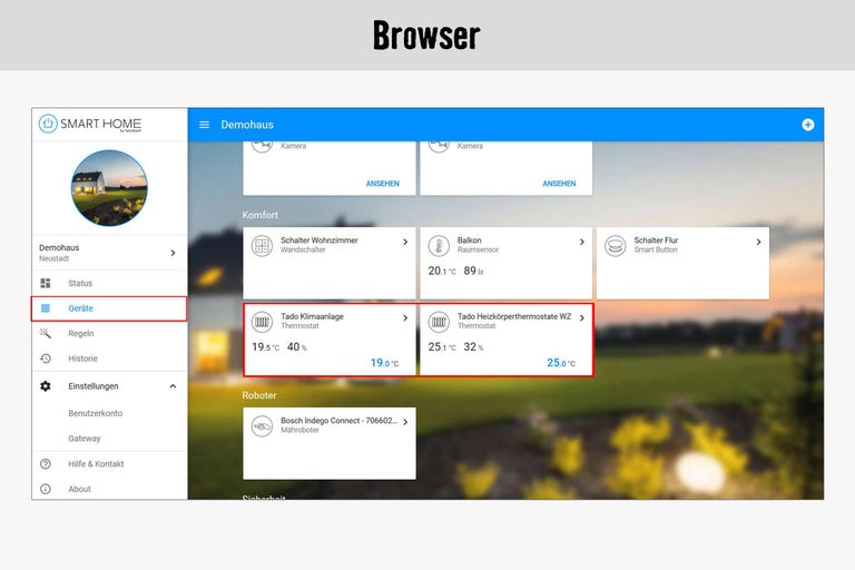 Screenshot einer Smart Home App zur Steuerung von Klimaanlage und Heizungsthermostaten