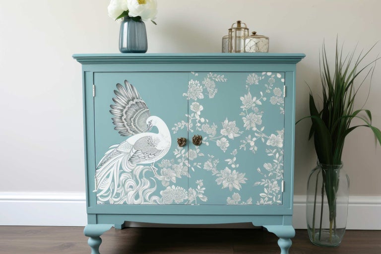 Armoire décorative avec motifs d'oiseaux et de fleurs sur les portes