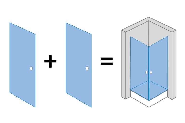 Illustration montrant comment deux portes de douche sont assemblées pour former une douche d'angle