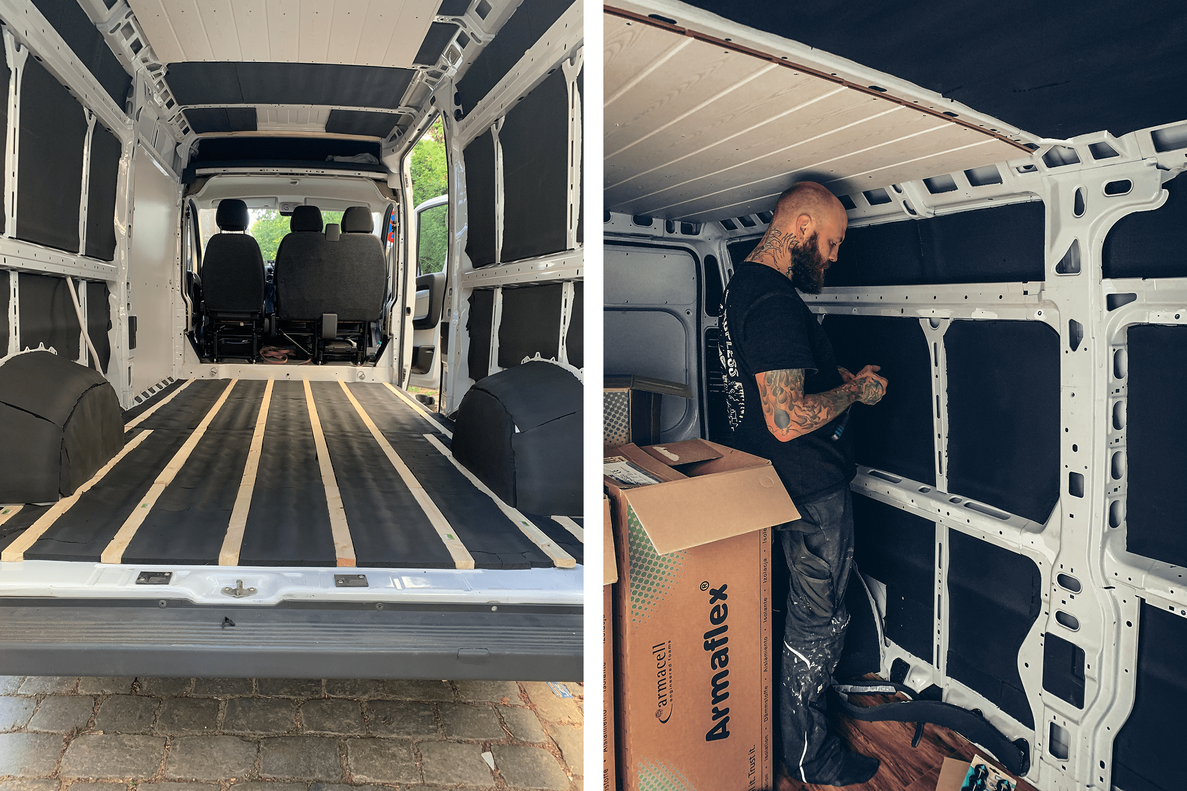 Intérieur d'une camionnette avec isolation et lattes de plancher