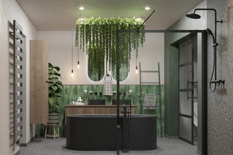 Salle de bains moderne avec baignoire noire, meuble-lavabo avec deux lavabos, carreaux verts et douche avec paroi en verre