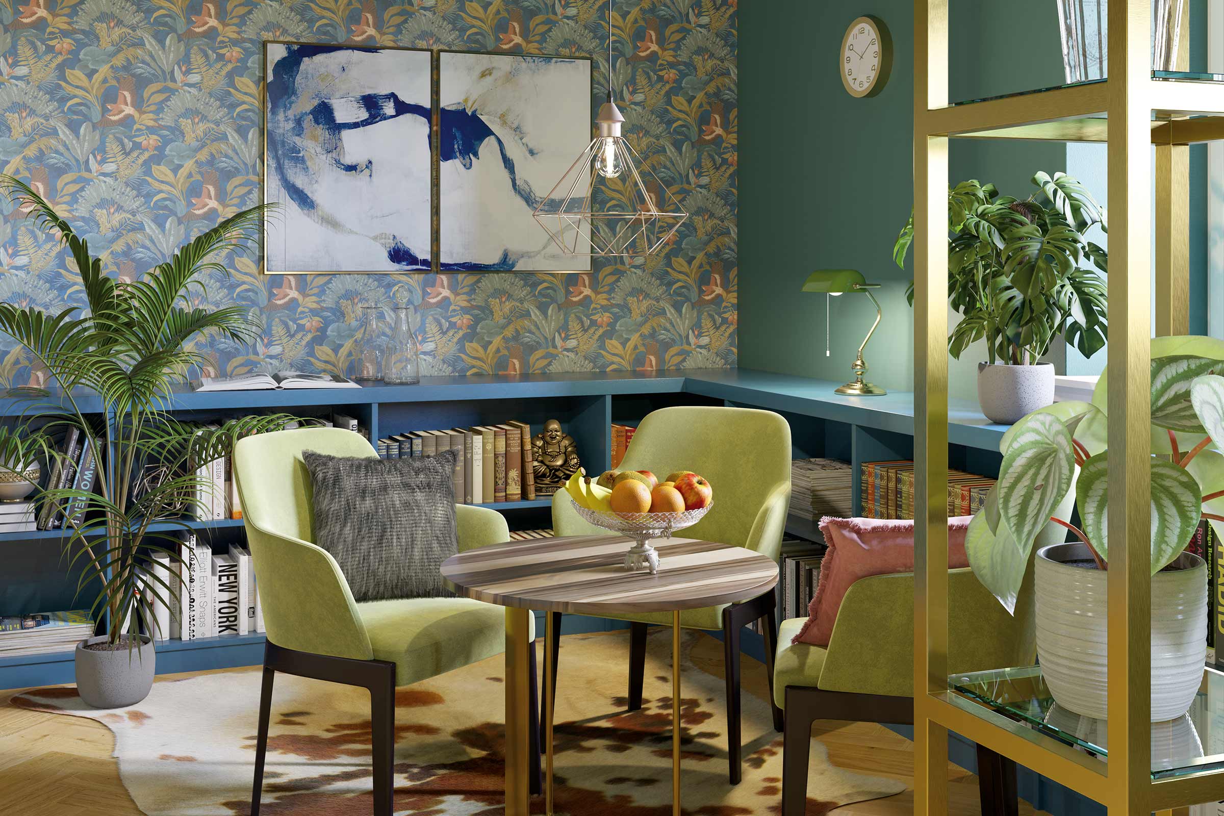 Salon avec fauteuils, table, étagère et décoration murale.
