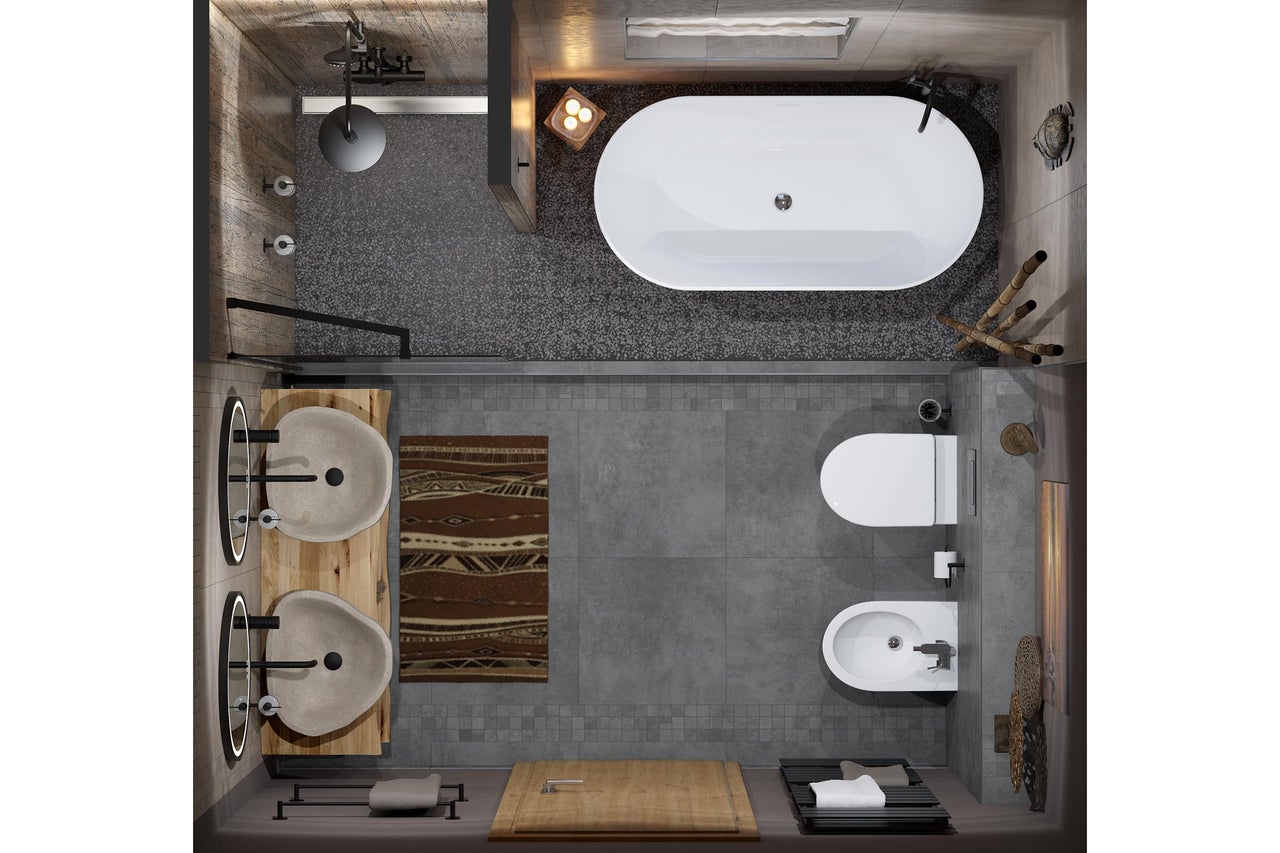 Draufsicht eines modernen Badezimmers mit Dusche, freistehender Badewanne, Doppelwaschtisch aus Holz, Toilette und Bidet auf grauen Fliesen.