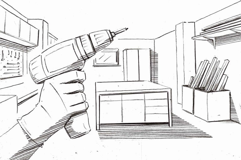 Croquis d'une main tenant une perceuse sans fil dans un atelier