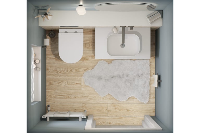 Vue de dessus d une salle de bain moderne avec WC blanc, lavabo, sol clair aspect bois et tapis blanc duveteux.