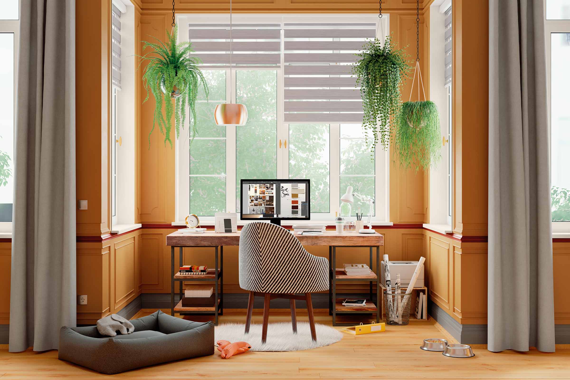 Bureau lumineux avec bureau, chaise, plantes suspendues, stores et panier pour chien
