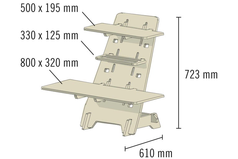 Schéma d'un bureau assis-debout avec les dimensions 800 x 320 mm, 500 x 195 mm, 330 x 125 mm, 723 mm et 610 mm