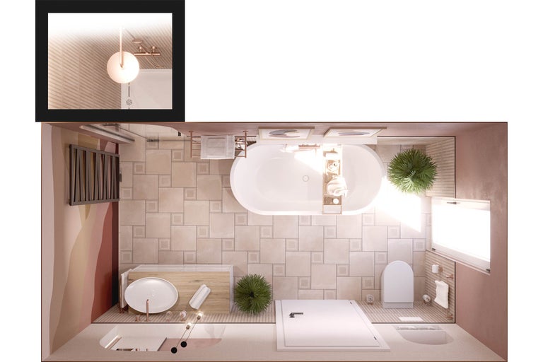 Vue de dessus d'une salle de bains avec baignoire, lavabo et toilettes