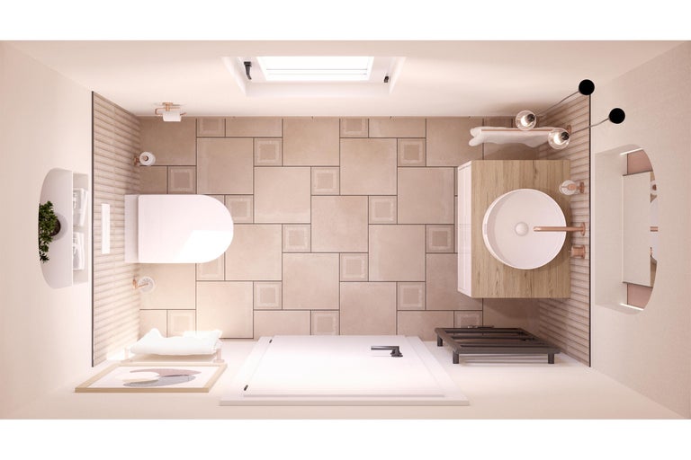 Vue aérienne d'une salle de bains avec WC, lavabo, douche et éléments de décoration