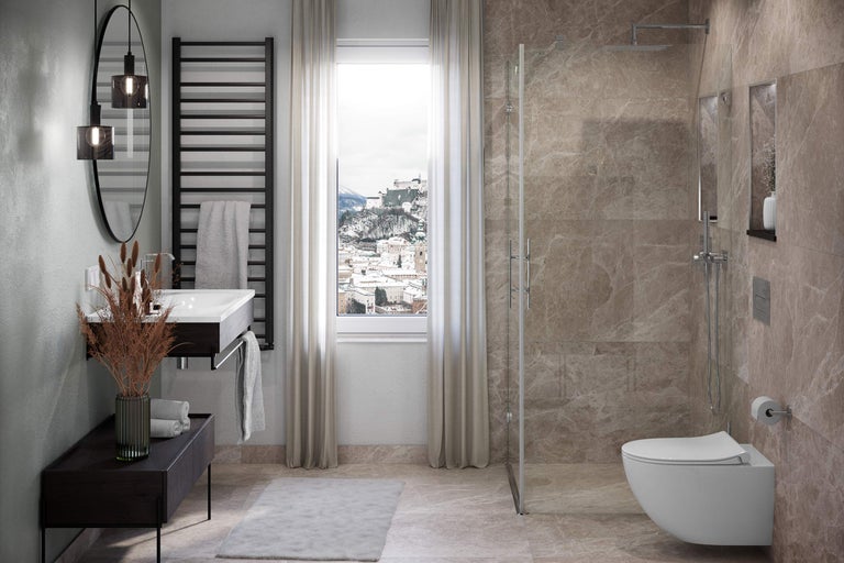 Helles Badezimmer mit Dusche, Waschbecken, Spiegel und Heizkörper für Handtücher